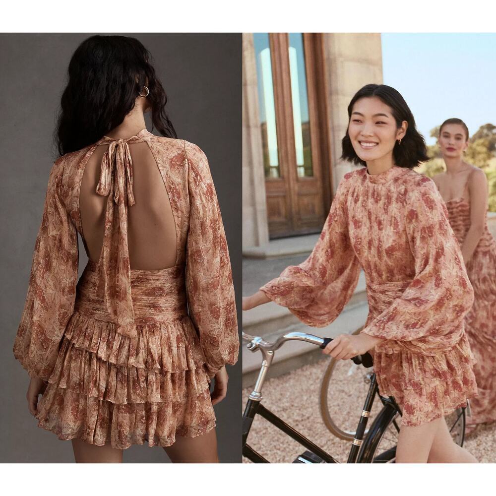 BHLDN Floral Print Mini Dress in Tan and Cream